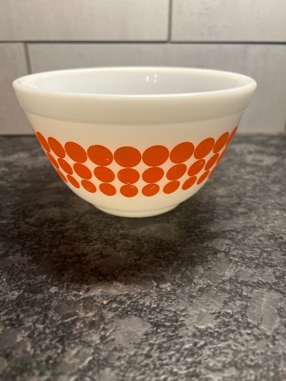 Pyrex White Milk Glass Mixing Bowl with Orange Dot Pattern Great condition.